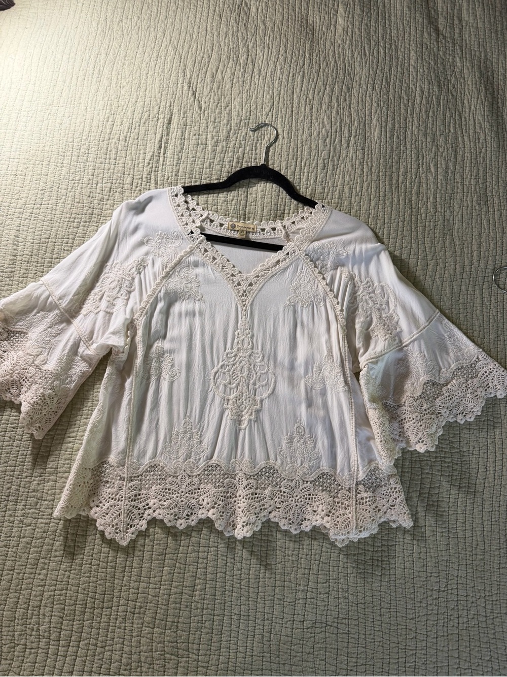 Democracy Embroidered Top Womens XS Cream Lace Crochet Boho Peasant fairy-core